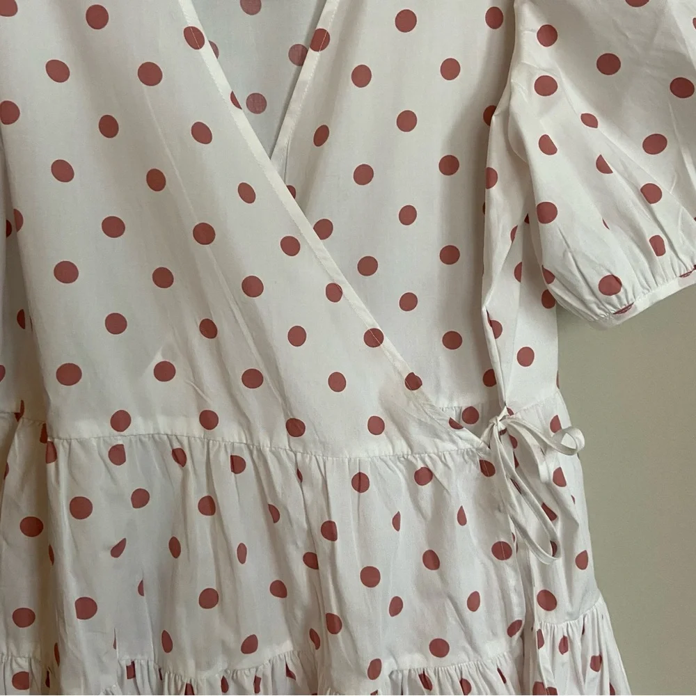Polly & Esther White Wrap Midi Dress with Pink Polka Dots